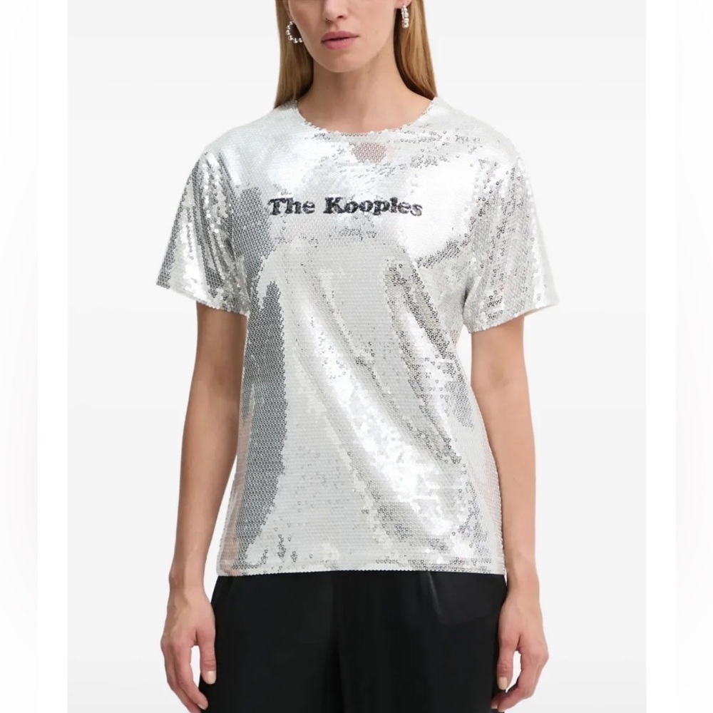 The Kooples Silver Sequin Logo Tee Top XS NWT $265